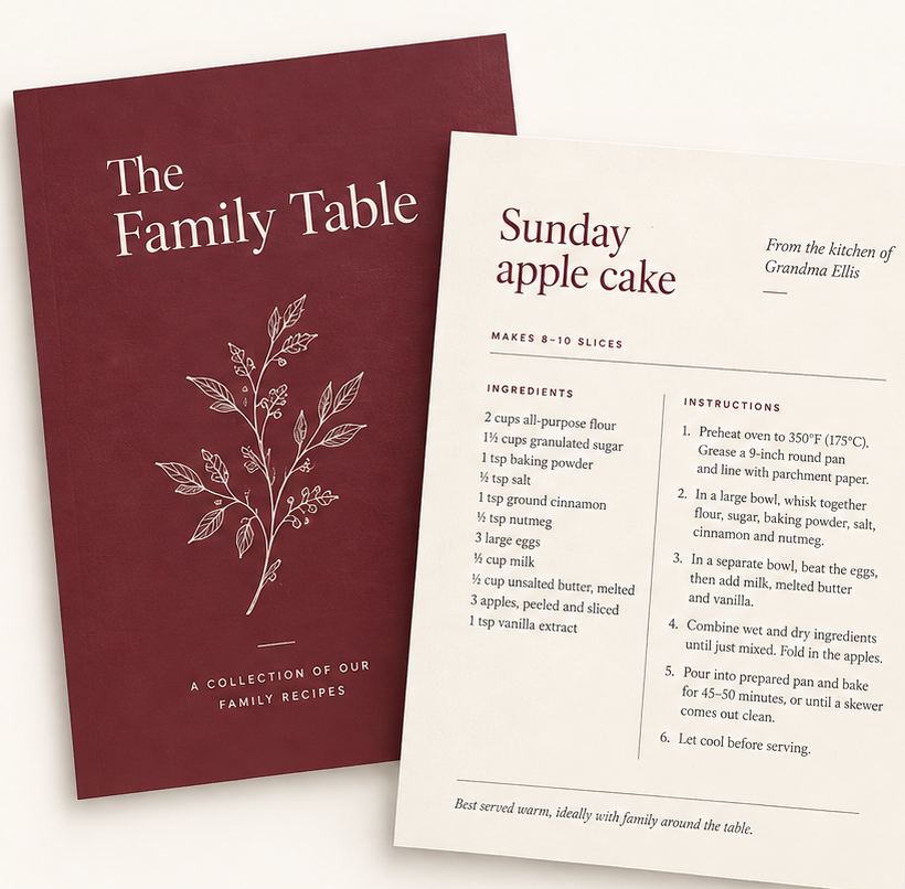 Illustrative Family Table cookbook cover beside a typeset Sunday apple cake recipe page.